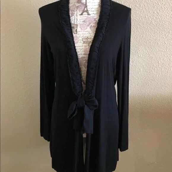 Chicos Rufflled Trim Tie Cardigan in Black size 3 or L - Picture 3 of 9